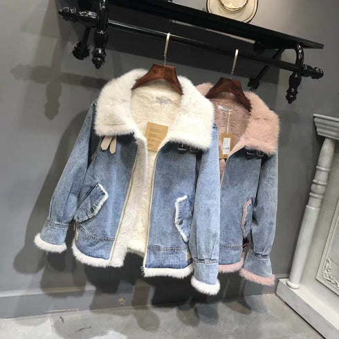 Fashion Plus Velvet Denim Jacket Women Short - ROUTINE FASHION